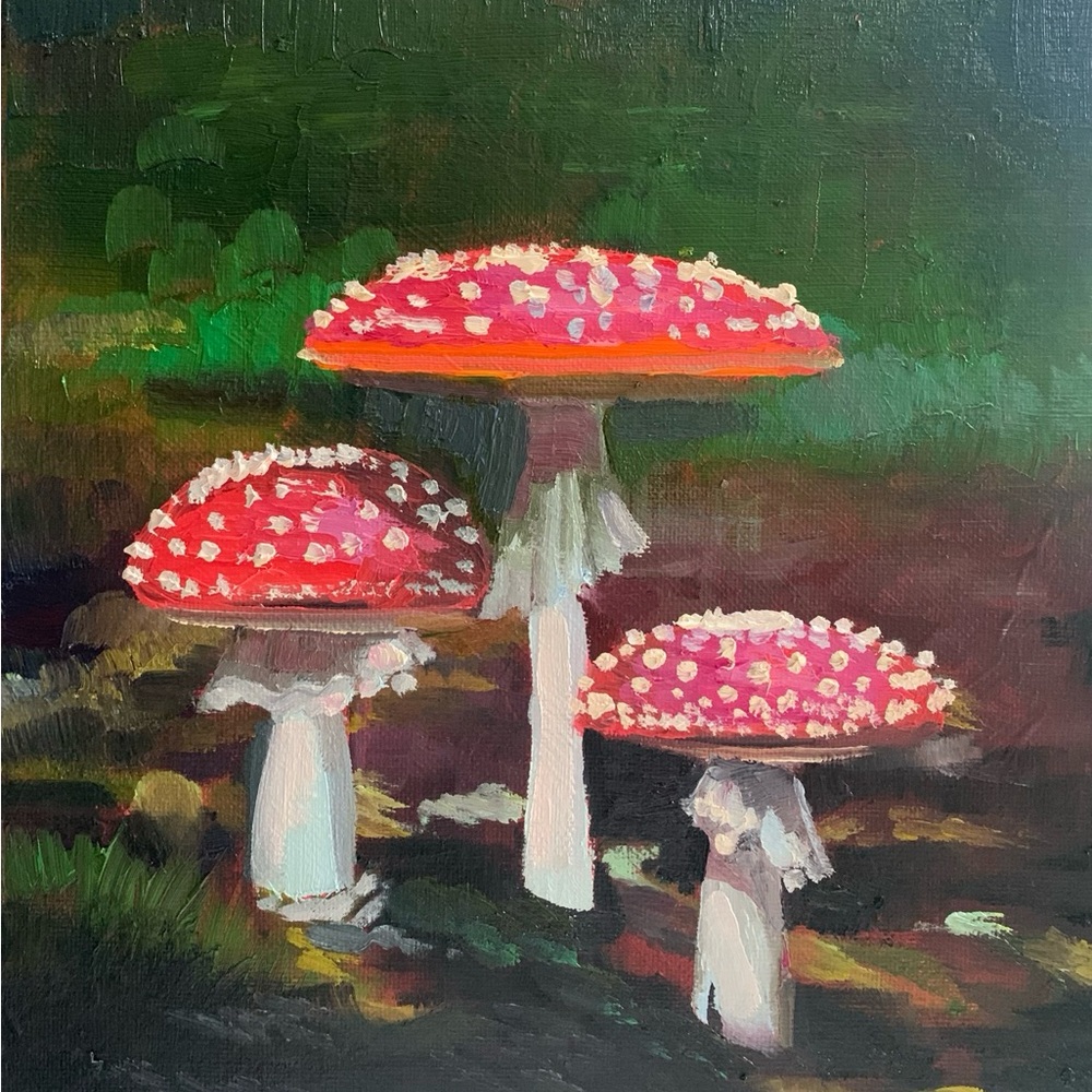 Original Oil Painting Red Amanita Mushroom Forest Fungi Wild Canvas Art Signed